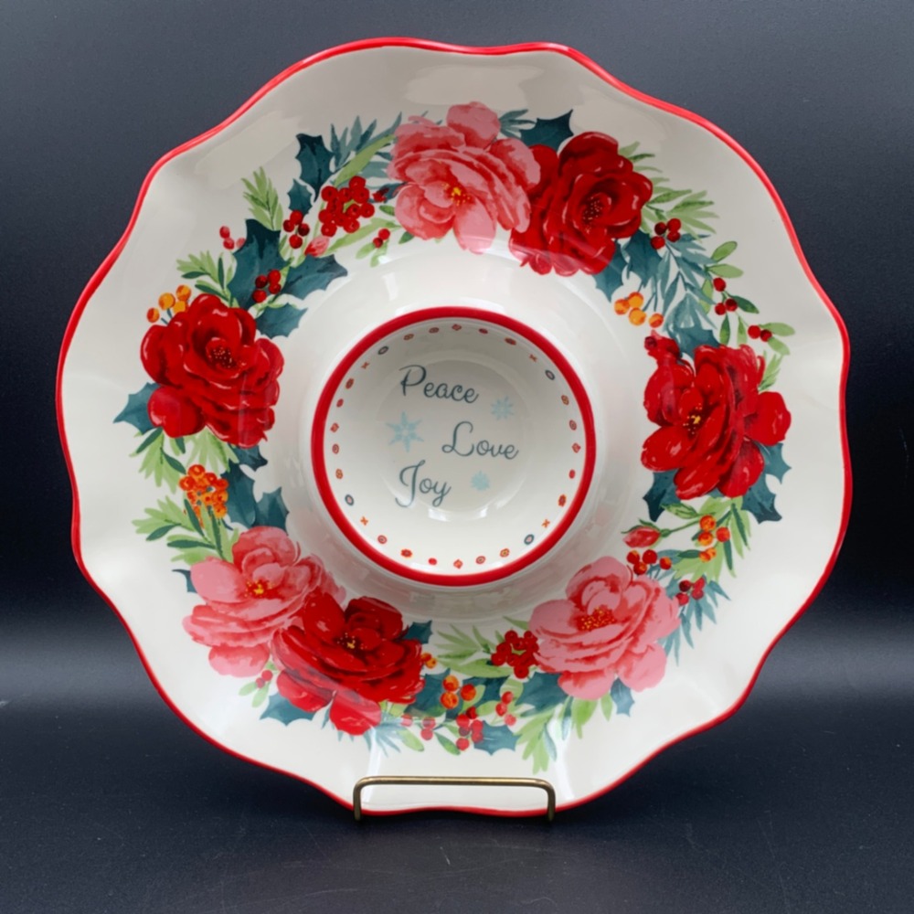 Pioneer Woman Cheerful Rose Chip and Dip Serving Platter Red Floral Holiday